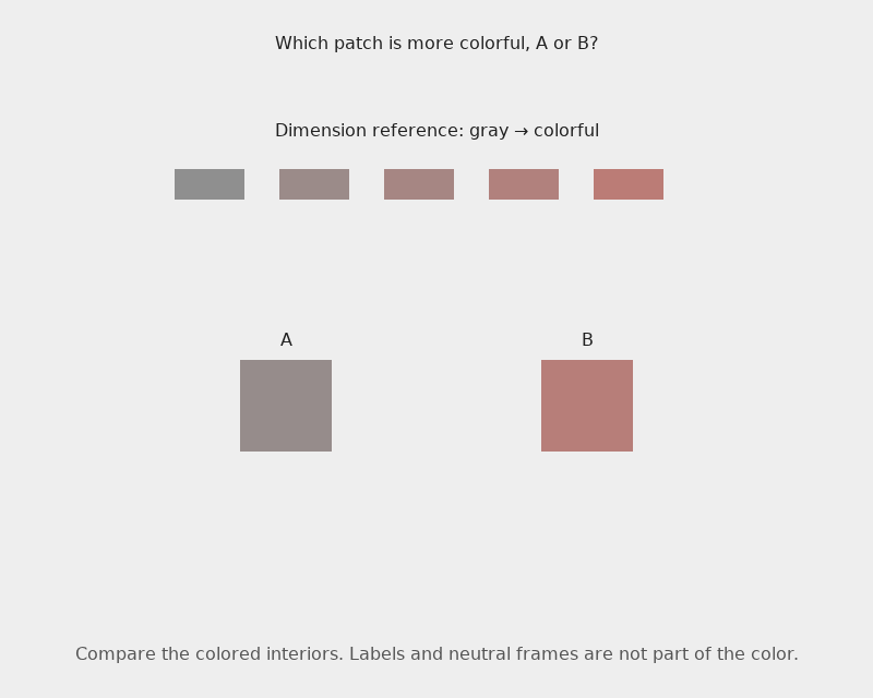 Which patch, A or B, is more colorful?
