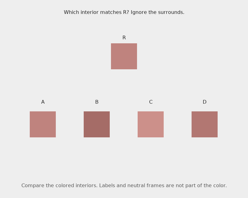 Which option, A, B, C, or D, has the same flat interior fill color as reference R?